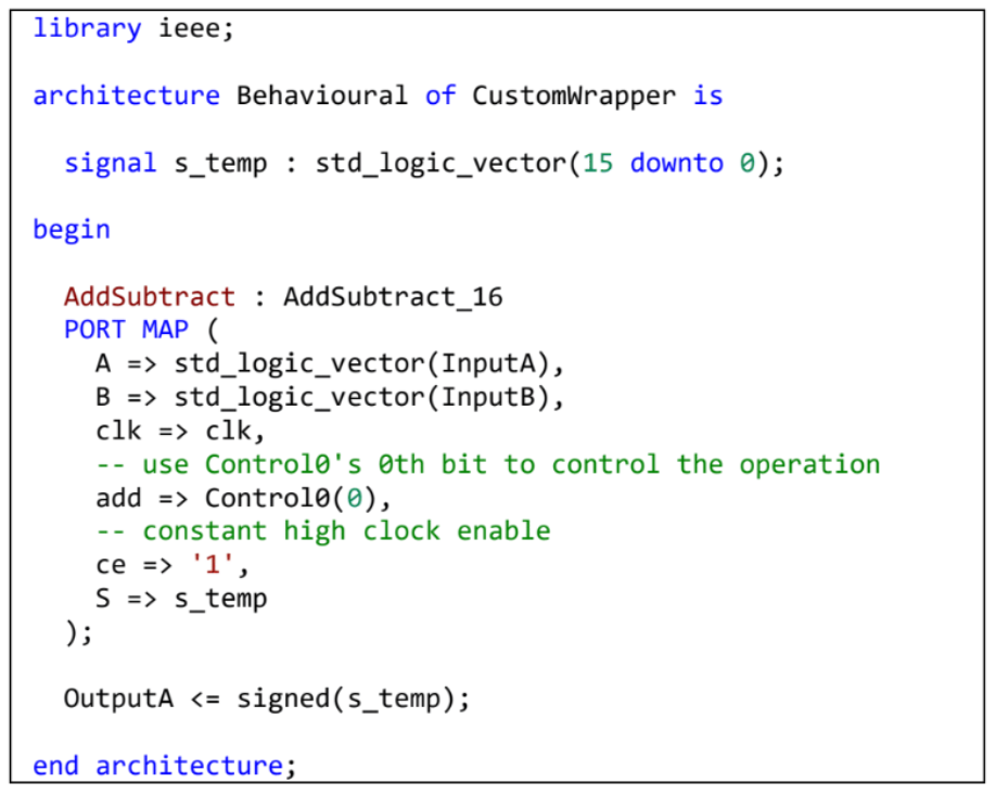 An example implementation of the AddSubtract_16 IP core. 